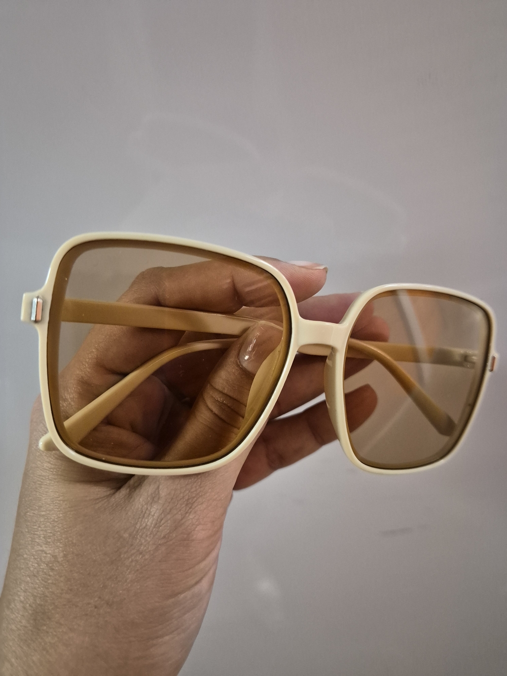 Cream Square-Frame Sunglasses with Brown Lenses